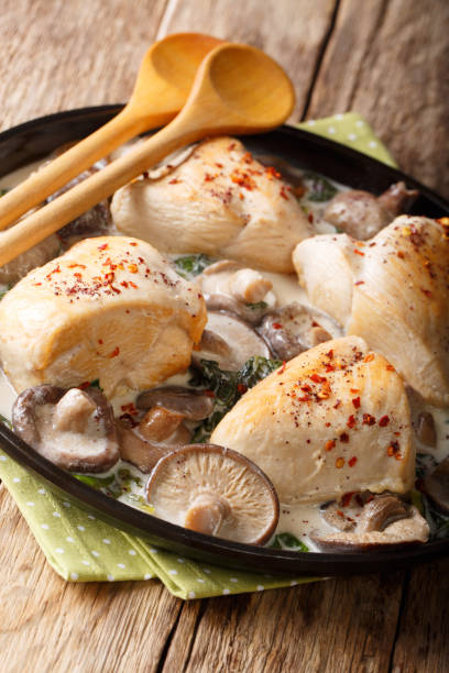 istock Delicious chicken breasts with forest mushrooms and spinach close-up on a plate. vertical 1059951270
