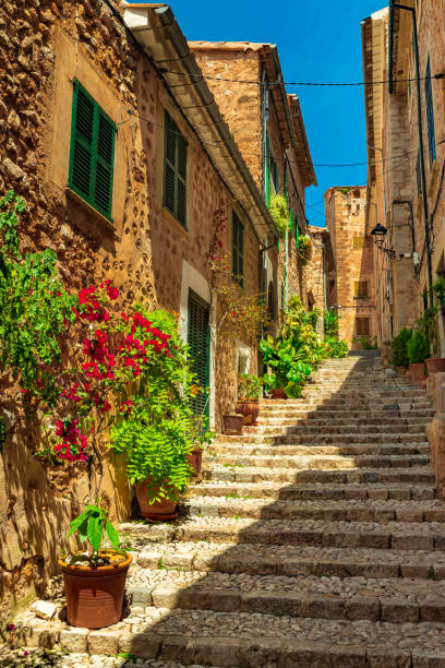 plant street en old village fornalutx, mallorca españa - fornalutx majorca spain village fotografías e imágenes de stock