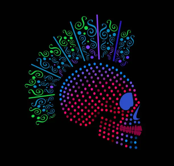 Vector illustration of Punk skull icon neon colors with dots and ornament details