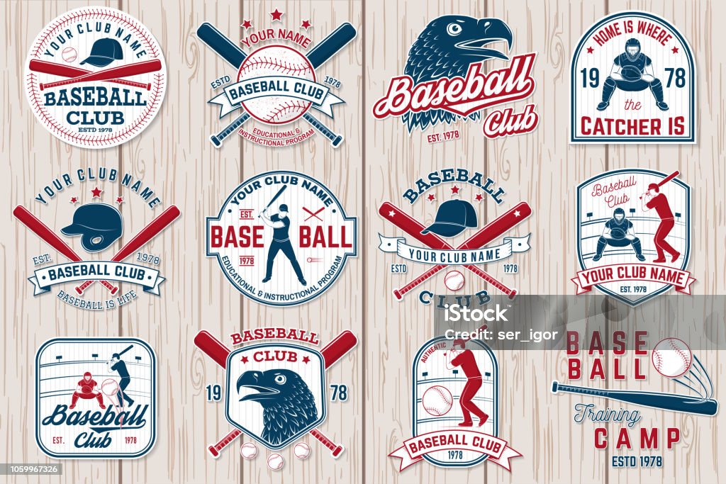 Set of baseball or softball club badge. Vector illustration. Concept for shirt or logo, Set of baseball or softball club badge. Vector. Concept for shirt or logo, print, stamp or tee. Vintage typography design with baseball bats, batter hitting ball and ball for baseball silhouette. Baseball - Sport stock vector