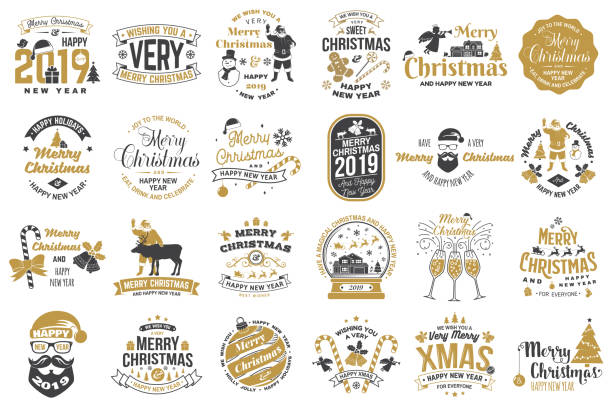 set stempel selamat natal dan tahun baru, stiker diatur dengan kepingan salju, menggantung bola natal, topi santa, permen. - holiday badges ilustrasi stok