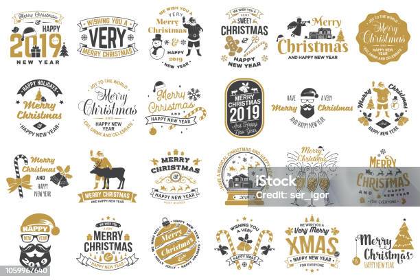 Set Of Merry Christmas And Happy New Year Stamp Sticker Set With Snowflakes Hanging Christmas Ball Santa Hat Candy Stock Illustration - Download Image Now