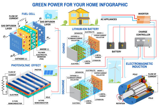 ilustraciones, imágenes clip art, dibujos animados e iconos de stock de panel solar, célula de combustible y viento energía sistema de generación para infografía página. - fuel cell solar panel solar power station control panel