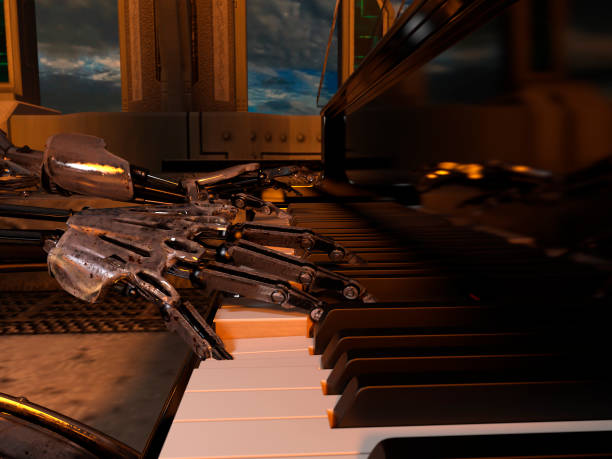 istock Close up of a robot playing a piano keyboard 1059972110