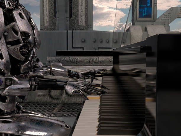 istock Close up of a robot playing a piano keyboard 1059972114