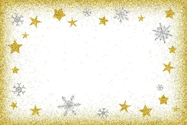 Vector illustration of Holidays card template - Gold glitter frame, stars and snowflakes