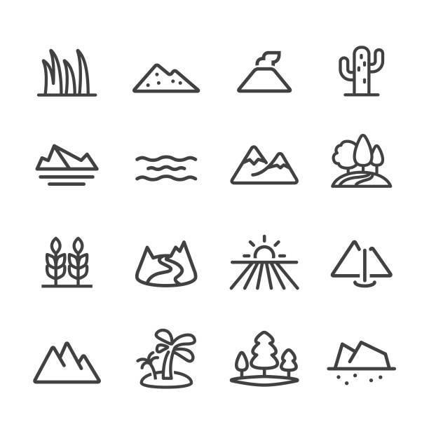 illustrazioni stock, clip art, cartoni animati e icone di tendenza di icone paesaggio e forma di terra - serie line - montagna immagine