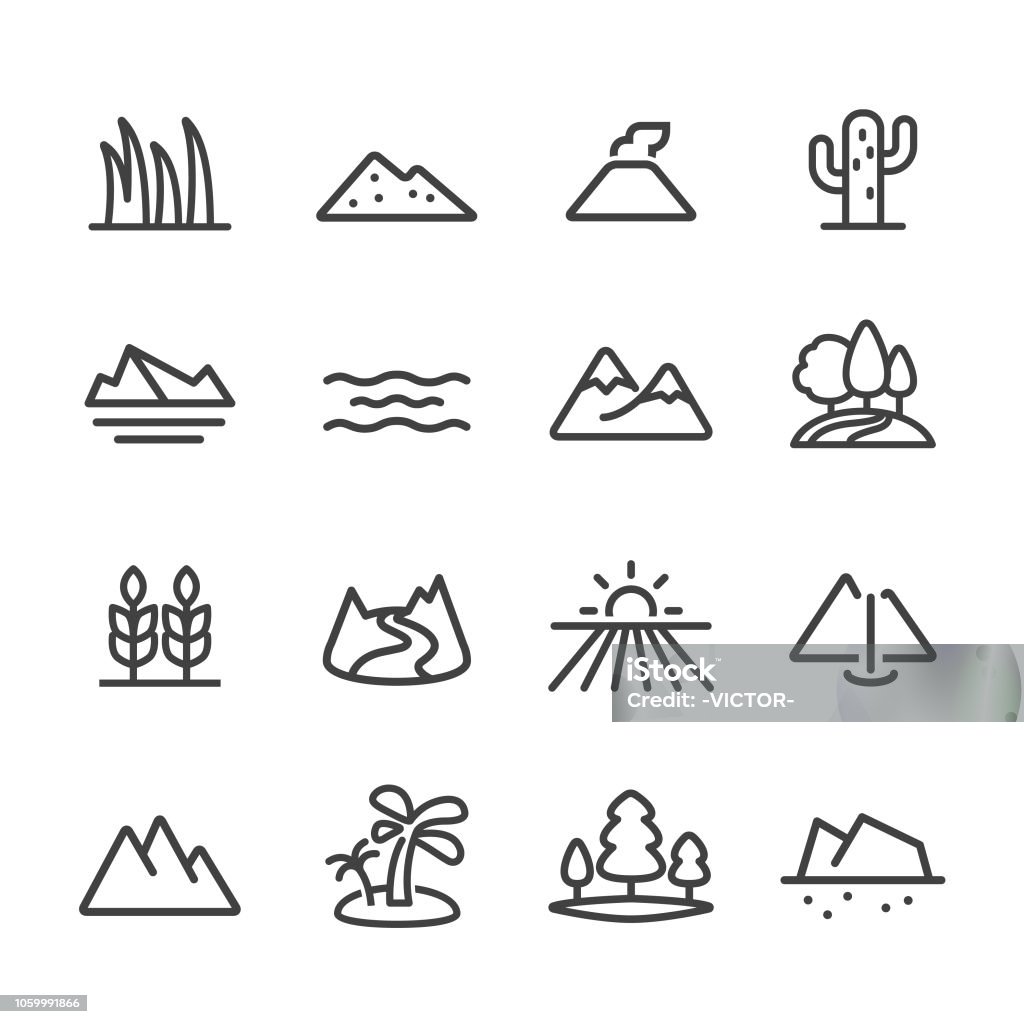 Landscape and Landform Icons - Line Series Landscape, Landform, land feature, nature, Icon Symbol stock vector