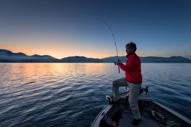 peaceful fishing at a lake alpin lake - mountain lake austria bavaria imagens e fotografias de stock