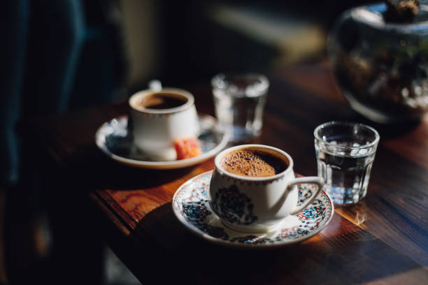 turkish coffee and turkish delights - old fashioned horizontal black coffee cup imagens e fotografias de stock