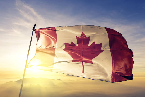 加拿大國旗紡織布織物在日出薄霧頂部揮舞 - 加拿大國旗 個照片及圖片檔