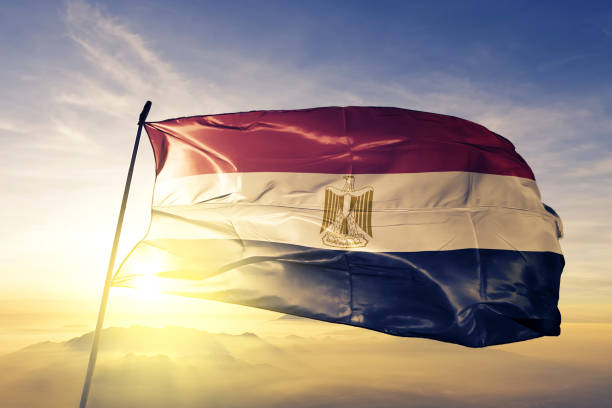 Egypt Egyptian flag textile cloth fabric waving on the top sunrise mist fog Egypt Egyptian flag on flagpole textile cloth fabric waving on the top sunrise mist fog egyptian flag stock pictures, royalty-free photos & images