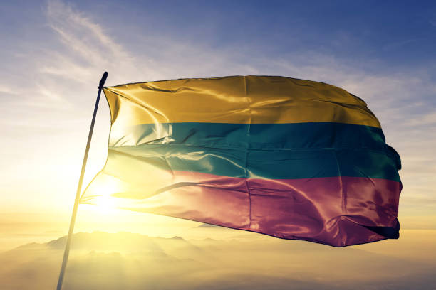 tela de pano de têxteis lituânia lituano bandeira acenando do nevoeiro de névoa superior ao nascer do sol - bandeira da lituânia - fotografias e filmes do acervo