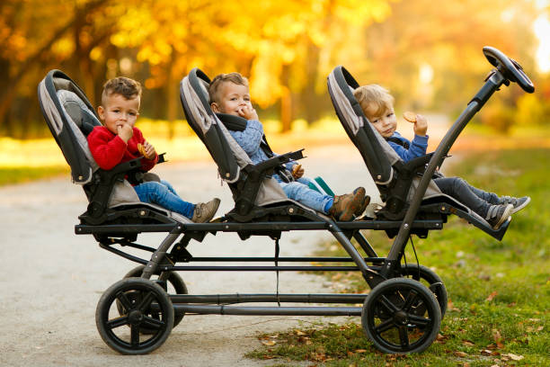 les triplets heureux assis dans une poussette de bébé et mangent des biscuits au pair automne - people child twin smiling photos et images de collection