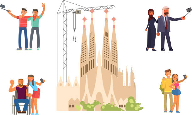 ilustrações de stock, clip art, desenhos animados e ícones de voyage around europe and make a photo on sagrada familia - tourists couple barcelona