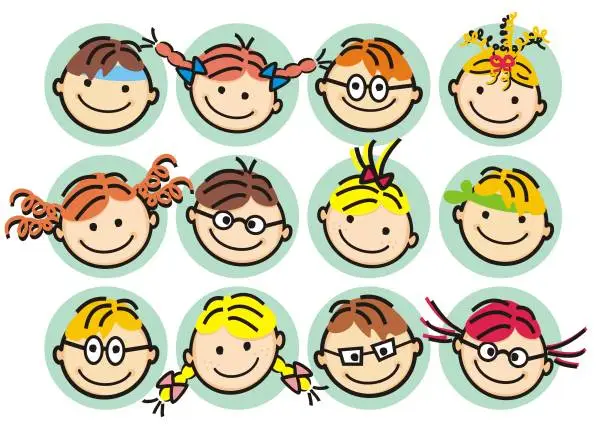 Vector illustration of Faces od girls and boys, happy kids, vector illustration