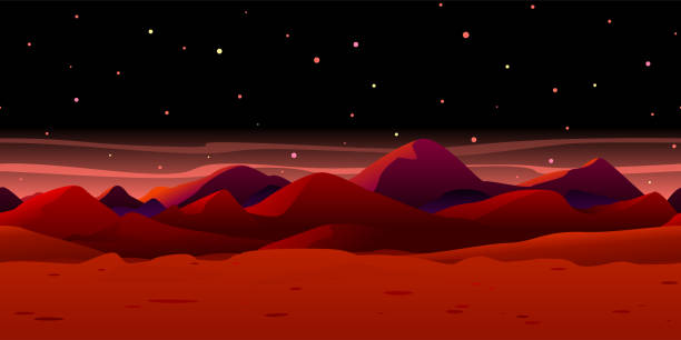 Martian Landscape Background Martian red night landscape background tileable horizontally, sand hills with stones on a deserted planet, futuristic sunrise in dangerous deadly place with starry sky moon dust stock illustrations