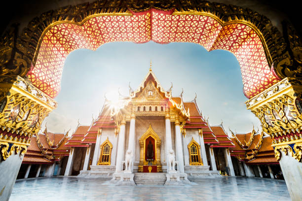 Unseen thailand, Sunrise at Wat Benchamabophit Dusitvanaram, Ancient royal marble buddha temple, Bangkok, Thailand stock photo