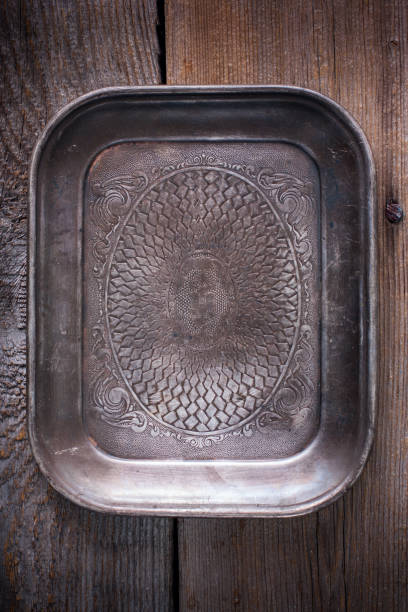 istock Vintage old metal tray, top view, background 1060022606