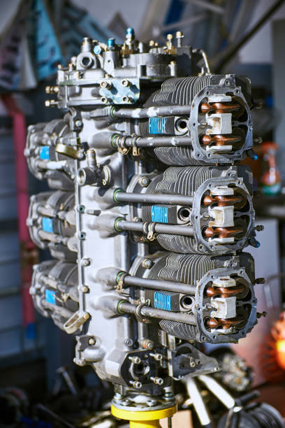 aviation six-cylinder boxer engine air cooling shot for repair. - fuel and power generation air vehicle repairing airplane imagens e fotografias de stock