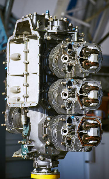 aviation six-cylinder boxer engine air cooling shot for repair. - fuel and power generation air vehicle repairing airplane imagens e fotografias de stock