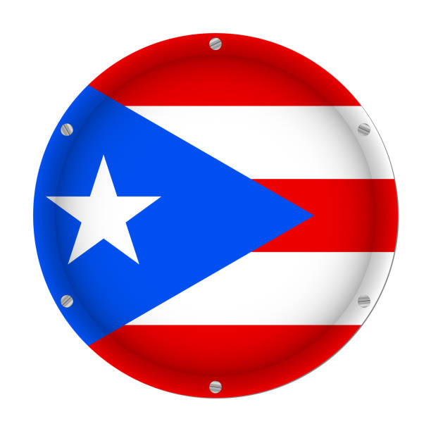 round metallic flag of Puerto Rico with screws round metallic flag of Puerto Rico with six screws in front of a white background porto rico flag stock illustrations