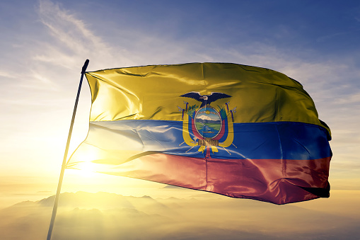 Ecuador Ecuadorian flag on flagpole textile cloth fabric waving on the top sunrise mist fog