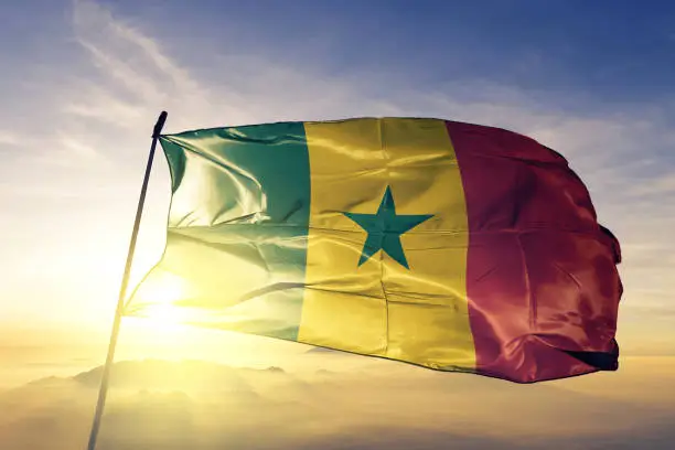 Senegal Senegalese flag on flagpole textile cloth fabric waving on the top sunrise mist fog