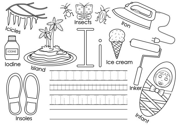 ilustrações, clipart, desenhos animados e ícones de alfabeto inglês i. carta. jogo educativo para crianças. escrita prática e livro para colorir. ilustração vetorial - island education learning letter i