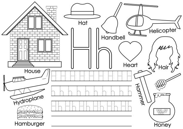 buchstaben h. learning english alphabet mit bildern. schreiben von praxis und malbuch. vektor-illustration. - connect the dots englische redewendung stock-grafiken, -clipart, -cartoons und -symbole