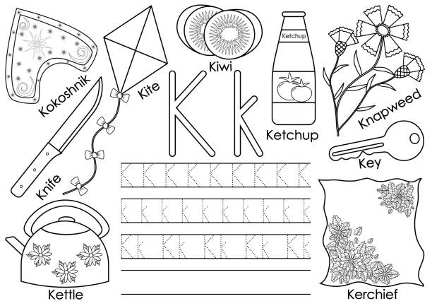 ilustraciones, imágenes clip art, dibujos animados e iconos de stock de alfabeto letra k.. práctica de la escritura y libro para colorear. educación para los niños. - letter k painting red paint