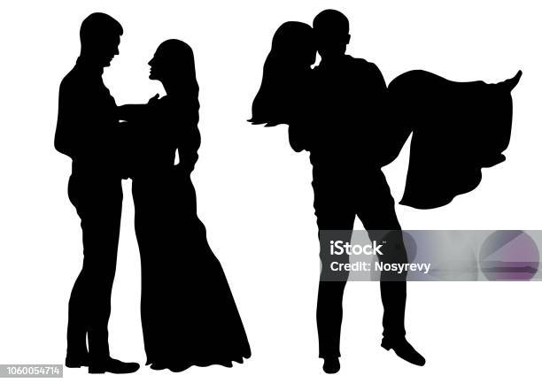 Man Stands In Front Of Woman And Man Holding Woman The Newly Married Couple Silhouette Stock Illustration - Download Image Now