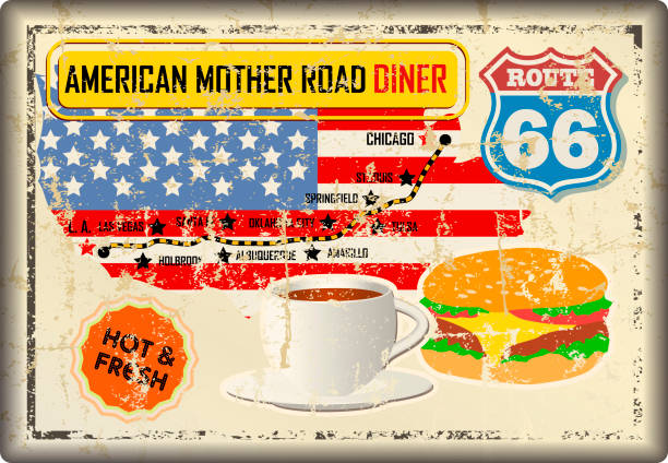 grungy vintage route 66 diner sign, retro style, distressed route 66 diner sign and road map, retro grungy vector illustration fictional artwork american flag house stock illustrations