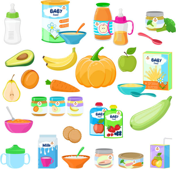 Baby food vector child healthy nutrition milk fresh juice with f vector art illustration
