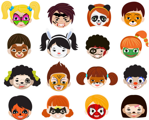 Face paint kids vector children portrait with facial painted mak Face paint kids vector children portrait with facial painted makeup and girl boy character illustration set of animalistic facepaint cat dog pirate for halloween party isolated on white background. face paint stock illustrations