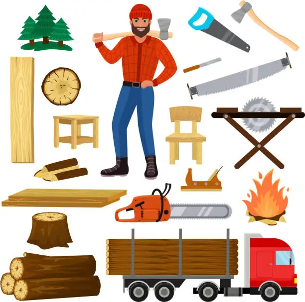 Vector illustration of Timber vector lumberman character and logger saws lumber or hard