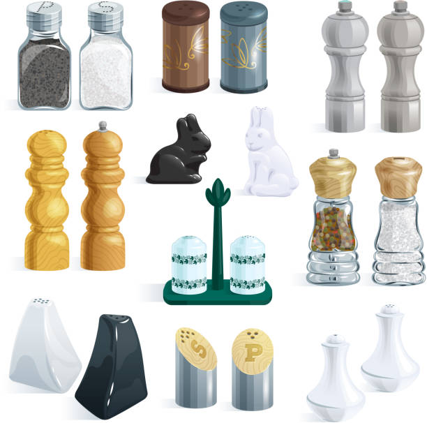 소금 뿌리 벡터 디자인 후추 병 유리 컨테이너와 나무 - salt shaker salt pepper shaker pepper stock illustrations