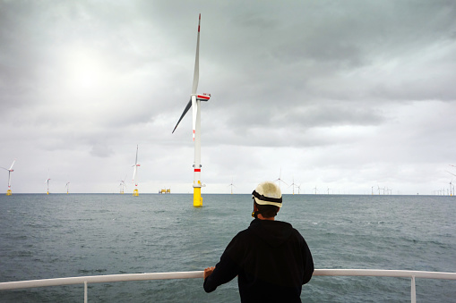 Wind-turbine, offshore, worker, boat, sea, sun, Borkum
