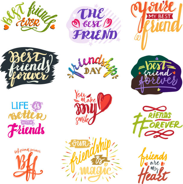 Friend lettering vector friendship card typography and friendly Friend lettering vector friendship card typography and friendly calligraphy type design with text label illustration handwritten set of friendliness quote on poster isolated on white background. forever friends stock illustrations
