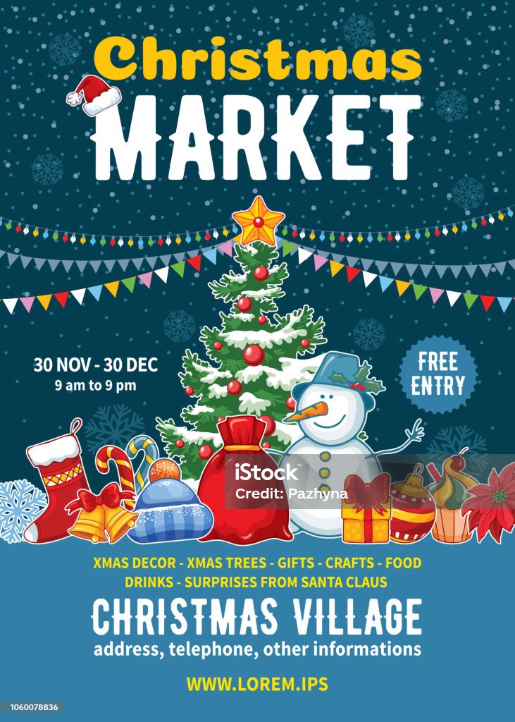 Christmas Market Poster Template Christmas Market poster template. Xmas fair event advertising banner with decorated Christmas tree, snowman, different elements of winter celebration and space for text. Vector illustration. Christmas stock vector