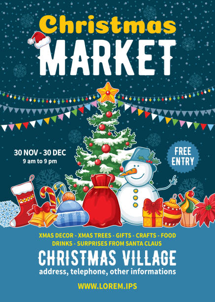 Christmas Market Poster Template Christmas Market poster template. Xmas fair event advertising banner with decorated Christmas tree, snowman, different elements of winter celebration and space for text. Vector illustration. holiday shopping stock illustrations