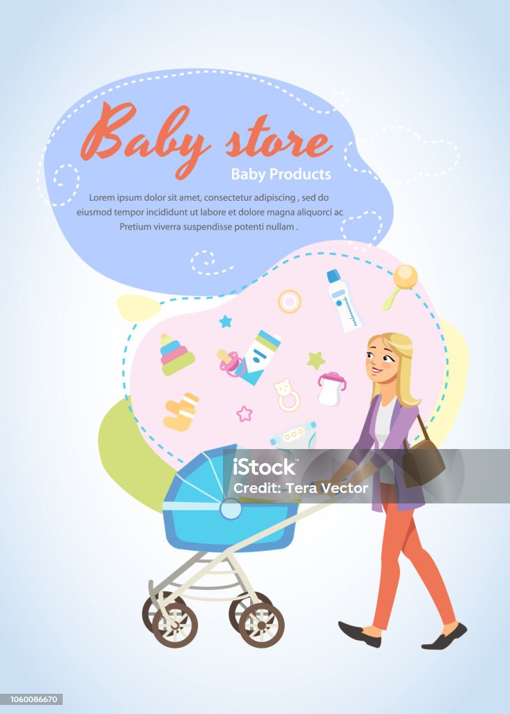 Baby Store Vertical Cartoon Vector Poster or Flyer Baby Store Vector Vertical Banner or Flyer with Happy Young Mother Pushing Baby Carriage and Baby Goods Set Cartoon Illustration. Online Shop with Products for Newborns Promotional Poster Template Baby - Human Age stock vector