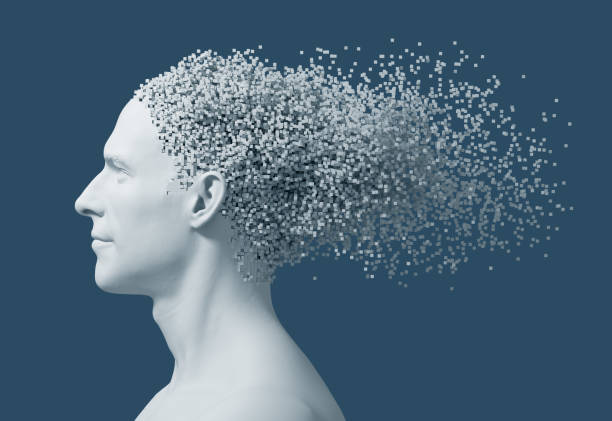 istock Desintegration On 3D Pixels Of Man's Head On Blue Background 1060094592