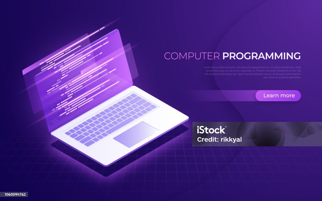 Programmazione informatica, codifica, test, debug concetto isometrico - arte vettoriale royalty-free di Computer portatile