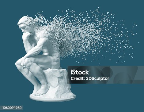 istock Desintegration Of Sculpture Thinker On Blue Background 1060094980