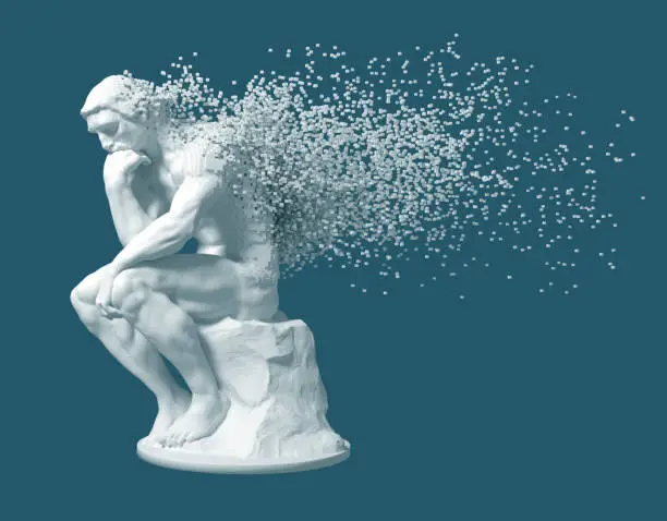 Desintegration Of Sculpture Thinker On Blue Background. 3D Illustration.