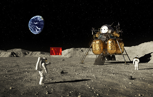 Astronauts Set An Chinese Flag On The Moon. 3D Illustration.