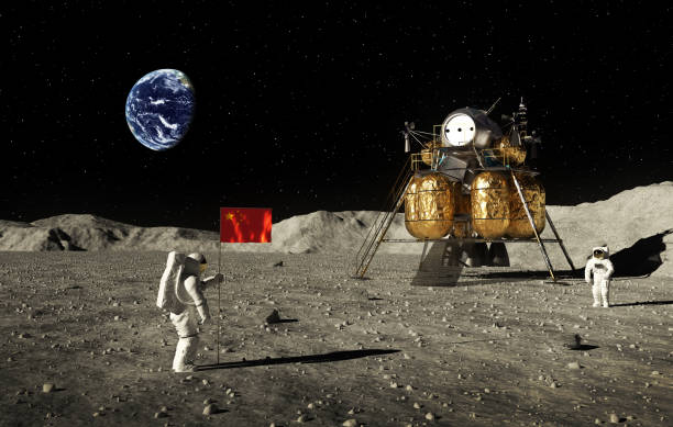 Astronauts Set An Chinese Flag On The Moon Astronauts Set An Chinese Flag On The Moon. 3D Illustration. lander spacecraft stock pictures, royalty-free photos & images