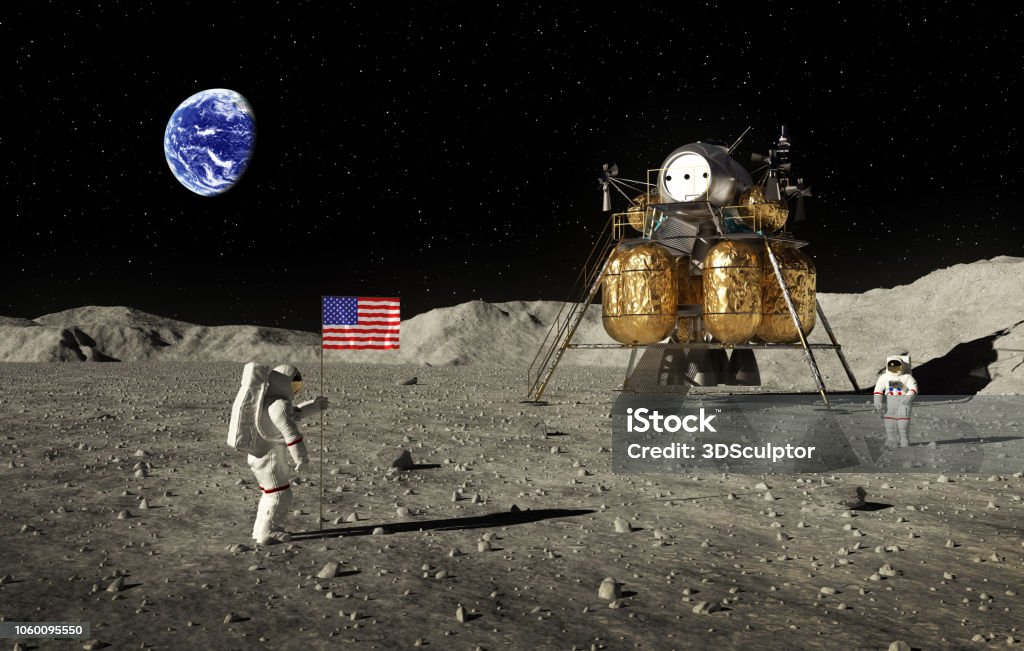 Astronauts Set An American Flag On The Moon Astronauts Set An American Flag On The Moon. 3D Illustration. Moon Stock Photo