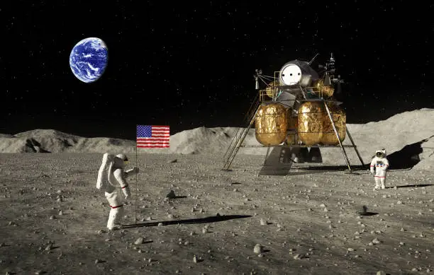 Astronauts Set An American Flag On The Moon. 3D Illustration.